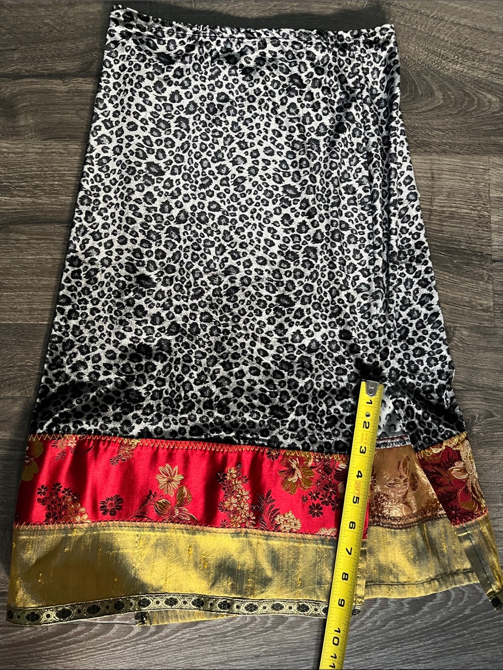 Black Velvet Leopard Print Maxi Skirt with Red Floral Hem - Picture 3 of 4